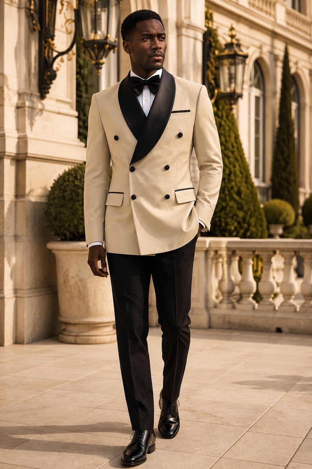 Beige Double-Breasted Tuxedo with black pants