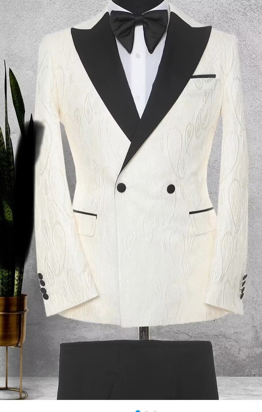 White Textured Double breasted Tuxedo with Black Shawl Lapel