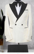 White Textured Double breasted Tuxedo with Black Shawl Lapel