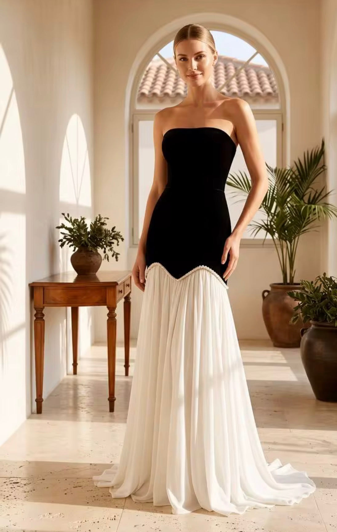 Black & White Pearl-Trimmed Strapless Drop-Waist Gown