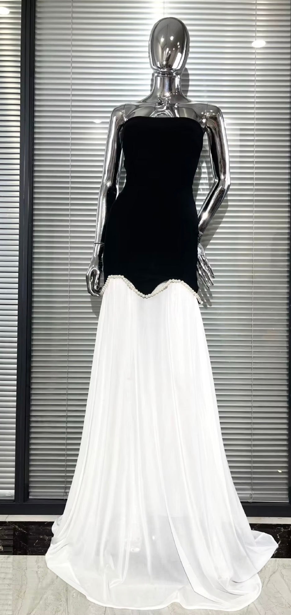 Black & White Pearl-Trimmed Strapless Drop-Waist Gown