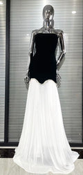 Black & White Pearl-Trimmed Strapless Drop-Waist Gown