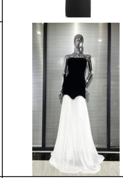 Black & White Pearl-Trimmed Strapless Drop-Waist Gown