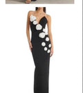 Black Evening Gown with 3D White Rosettes & Faux Pearl Straps