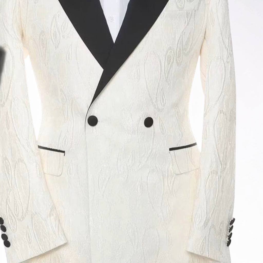 White Textured Double breasted Tuxedo with Black Shawl Lapel