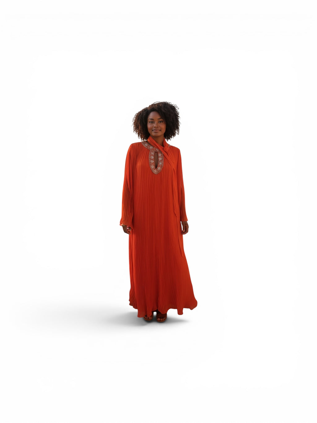 Embellished Pleated Maxi Dress – Burnt Orange