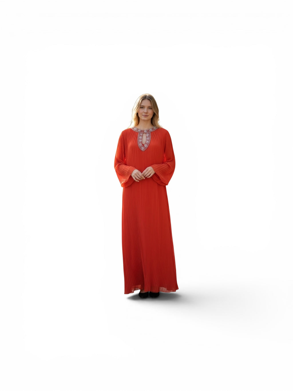 Embellished Pleated Maxi Dress – Burnt Orange
