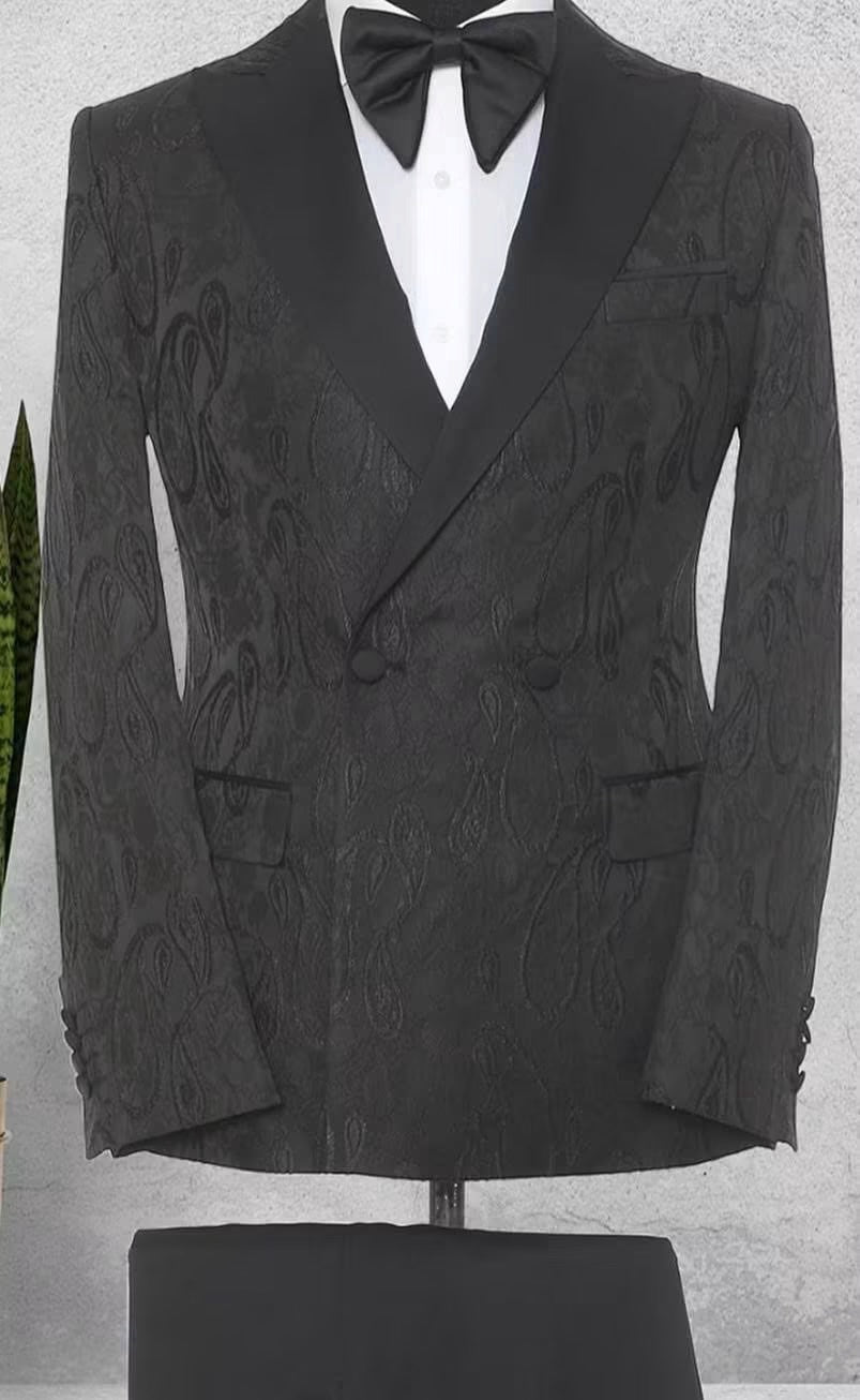 White Textured Double breasted Tuxedo with Black Shawl Lapel