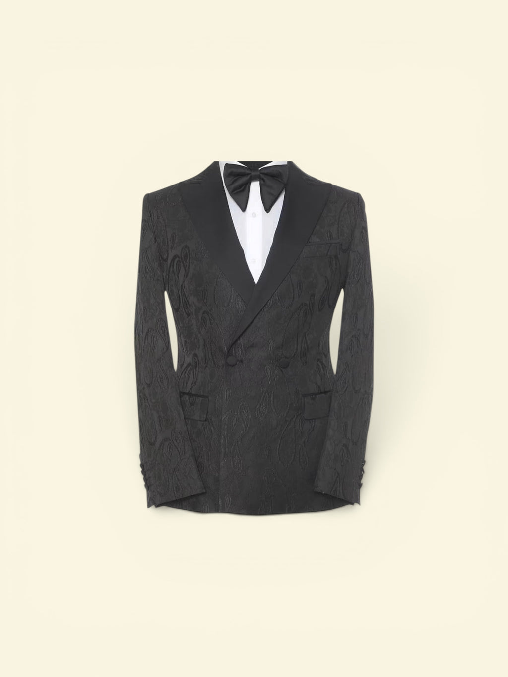 White Textured Double breasted Tuxedo with Black Shawl Lapel