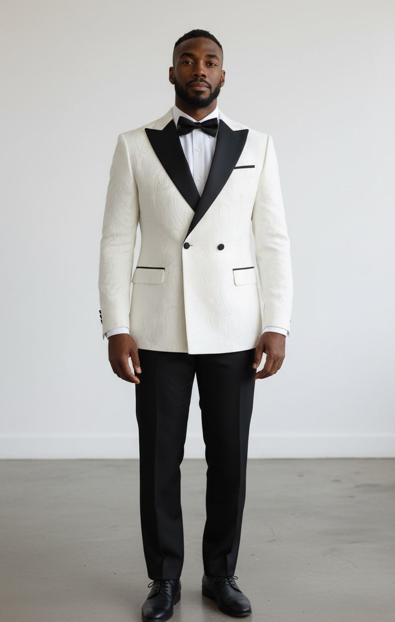 White Textured Double breasted Tuxedo with Black Shawl Lapel