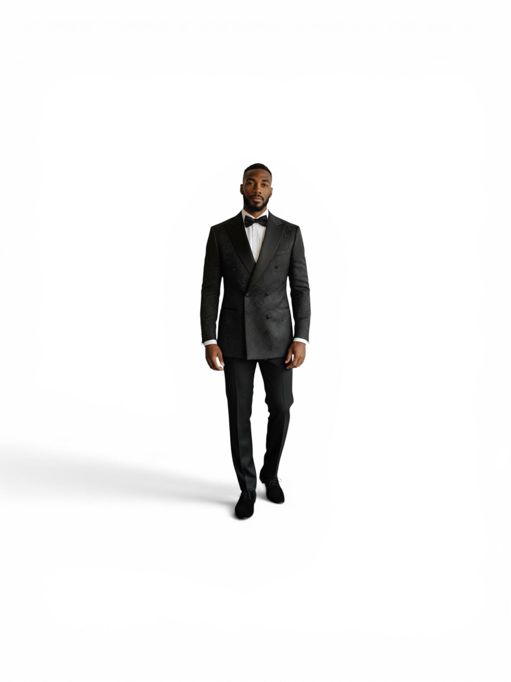 White Textured Double breasted Tuxedo with Black Shawl Lapel