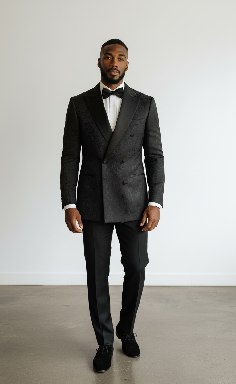 White Textured Double breasted Tuxedo with Black Shawl Lapel