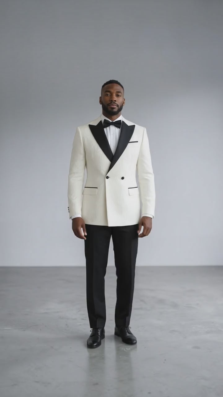 White Textured Double breasted Tuxedo with Black Shawl Lapel