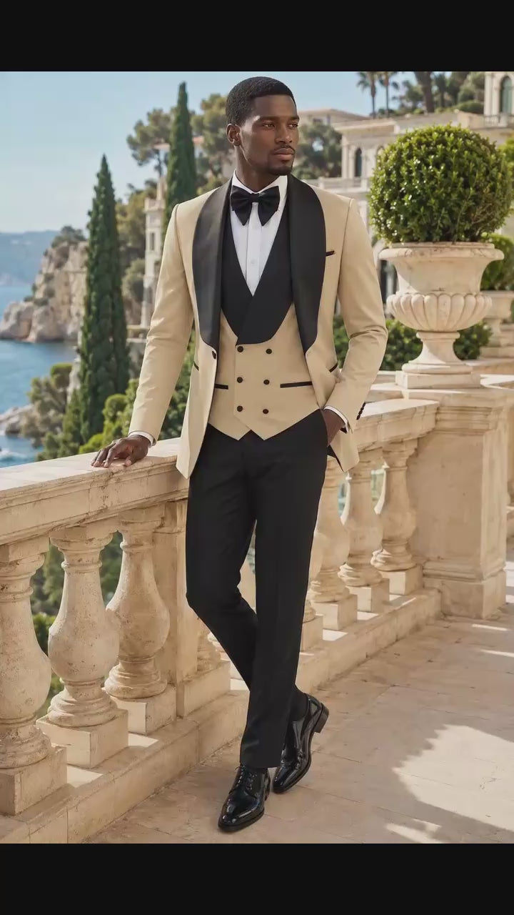 Beige Double-Breasted Tuxedo with black pants