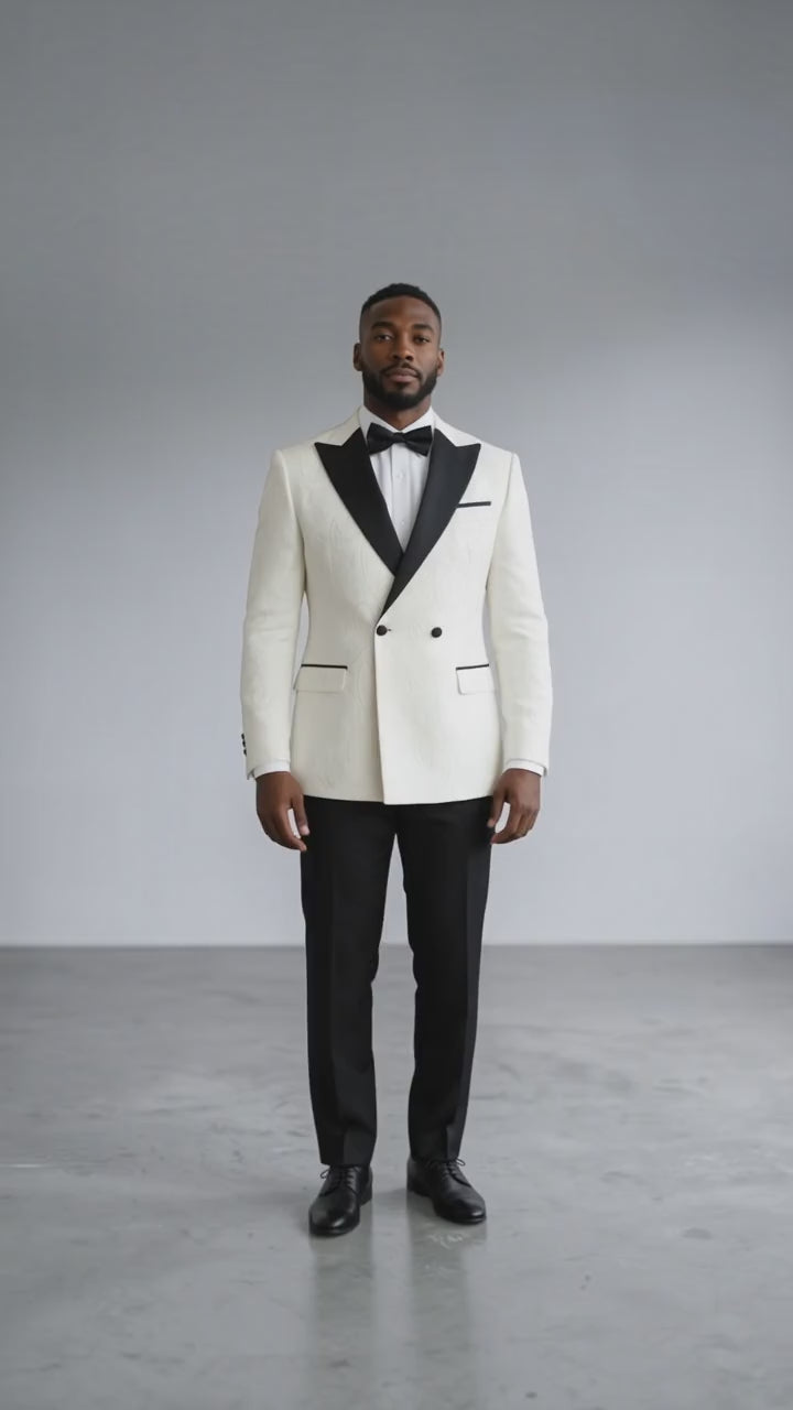 White Textured Double breasted Tuxedo with Black Shawl Lapel