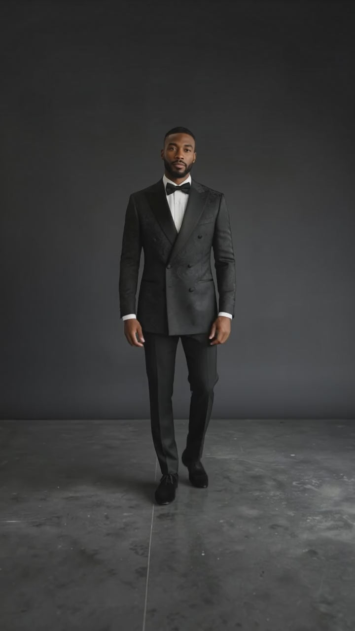 White Textured Double breasted Tuxedo with Black Shawl Lapel
